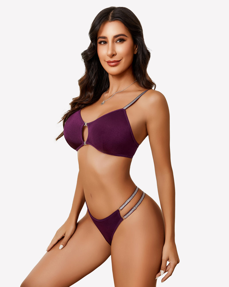 Purple push-up cutout bra and panty set with keyhole detail and strappy thong back