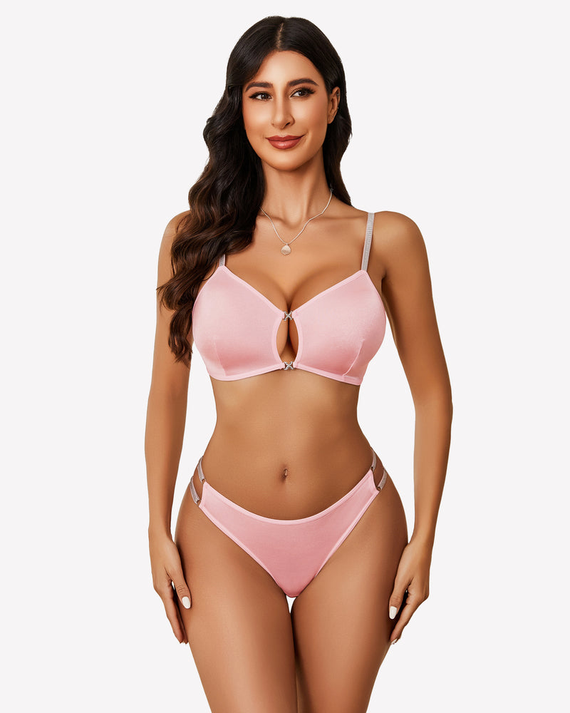 Pink push-up cutout bra and panty set with keyhole center, matching thong back