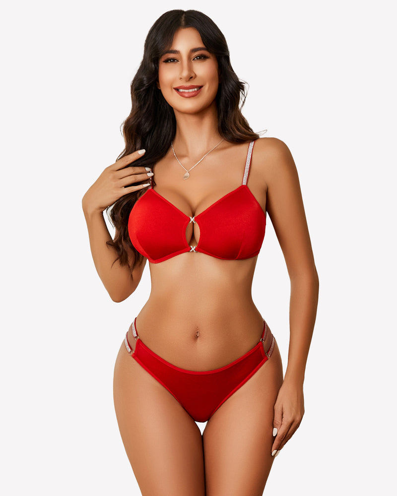 Red push-up cut-out bra and panty set, underwire cups with keyhole center, thong briefs