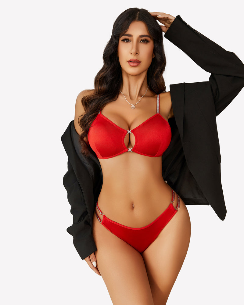 Red push-up cut-out bra and panty set with keyhole front detail and matching thong
