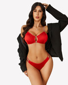 Red push-up cut-out bra and panty set with keyhole front detail and matching thong