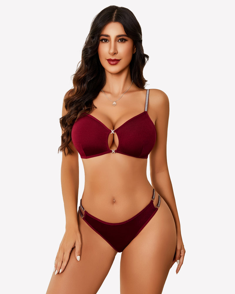 Wine red push-up cutout bra and panty set with keyhole center and thong back