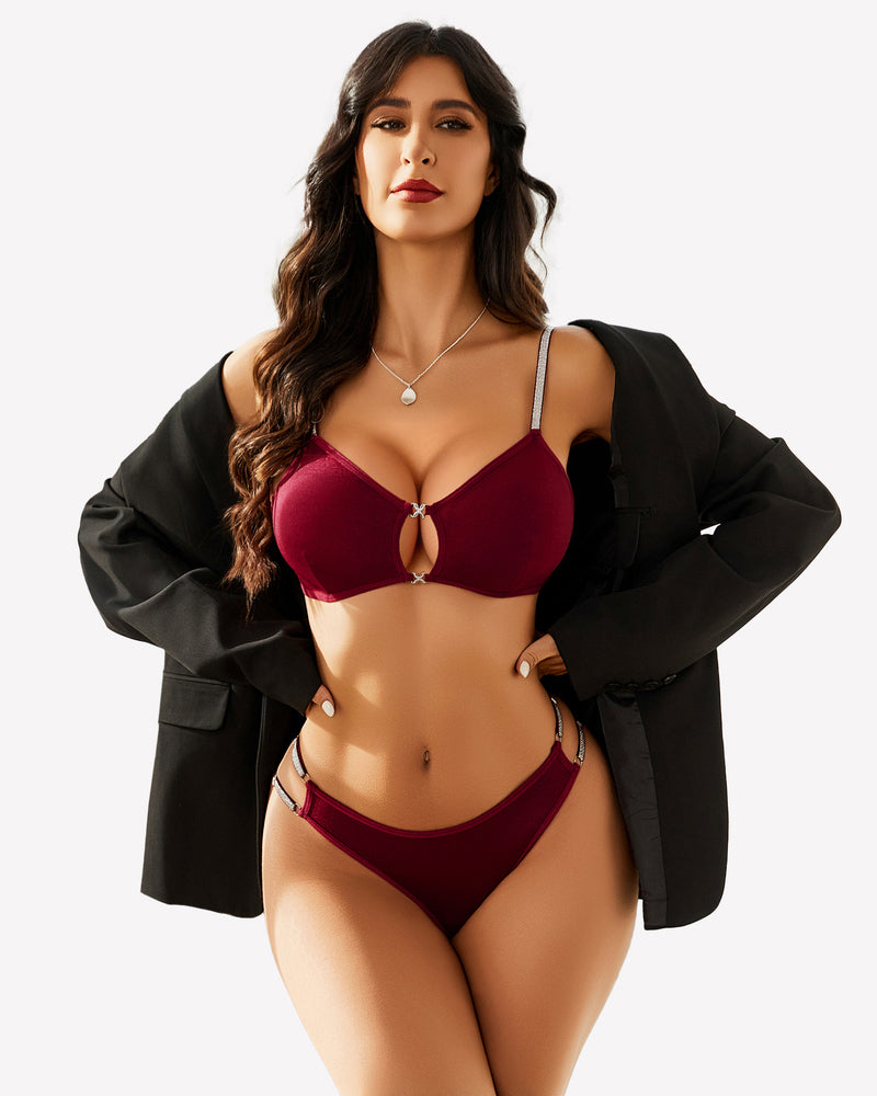 Wine red push up cut-out bra and thong panty set with center clasp