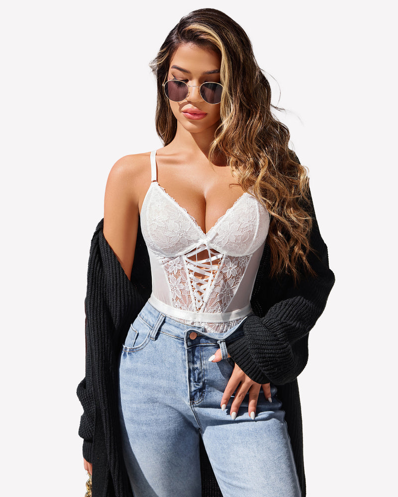White lace mesh one-piece teddy with underwire cups and crisscross waist