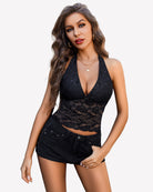 Black lace halter V-neck tank top with scalloped hem and fitted bodice