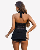 Black lace halter V-neck tank top back view with tie at neckline
