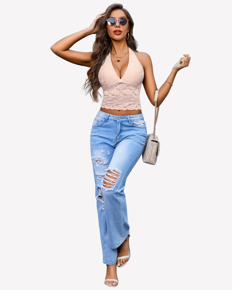 Champagne lace halter V-neck tank top with scalloped hem and fitted waist