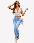 Champagne lace halter V-neck tank top with scalloped hem and fitted waist