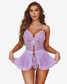 Light purple lace deep V teddy babydoll with sheer ruffle skirt and keyhole detail