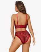 Red leopard print mesh bralette and matching high-cut panty set, back view
