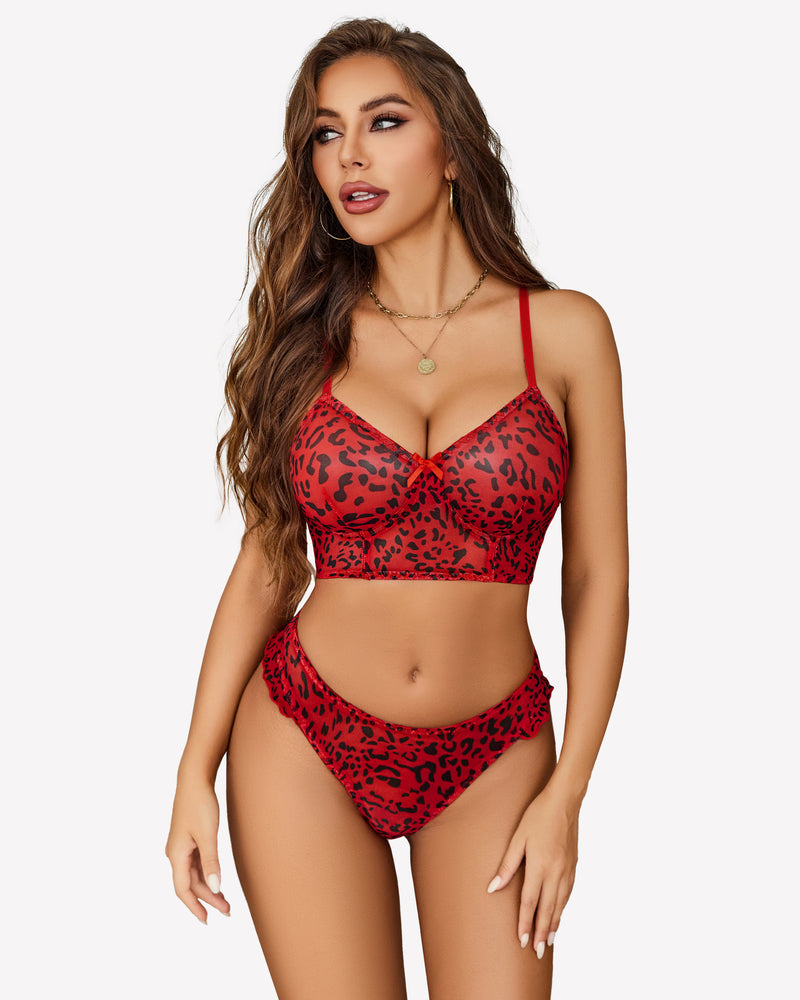 Red leopard print bralette and matching high-cut panty set with underwire