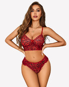 Red leopard print bralette and matching high-cut panty set, ruffled trim