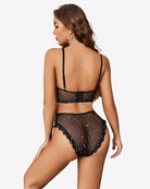 Black star-pattern mesh bralette and matching panty set, open-back straps