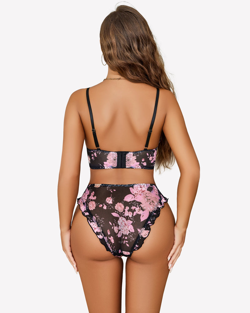 Floral mesh bralette and high-rise panty set, black with pink flowers