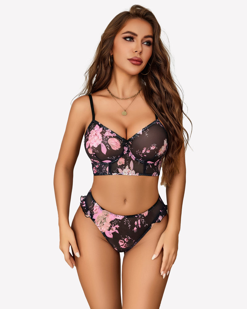 Black bralette and panty set with pink floral print and lace trim