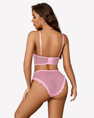 Pink sheer mesh bralette and high-waist panty set with open back straps