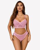 Pink sheer mesh bralette and high-leg panty set with underwire cups
