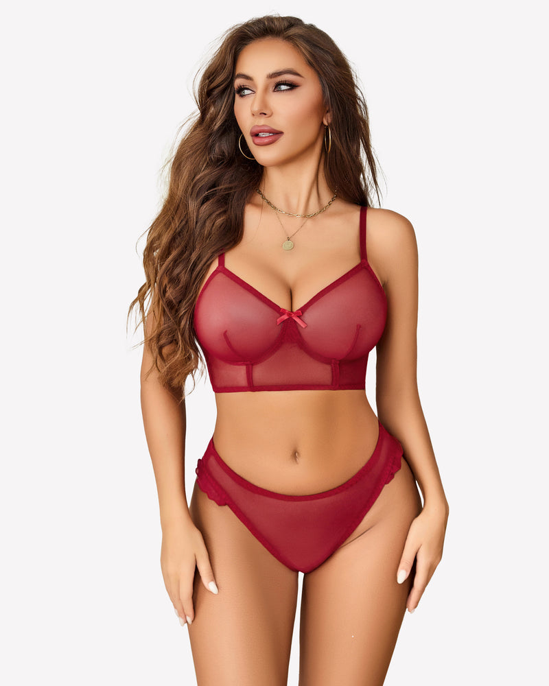 Wine red mesh bralette and panty set with underwire cups and tie detail