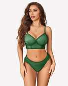 Green sheer mesh bralette and high-leg panty set with underwire cups
