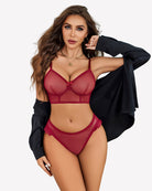Wine red sheer mesh bralette and panty set with underwire cups and lace trim