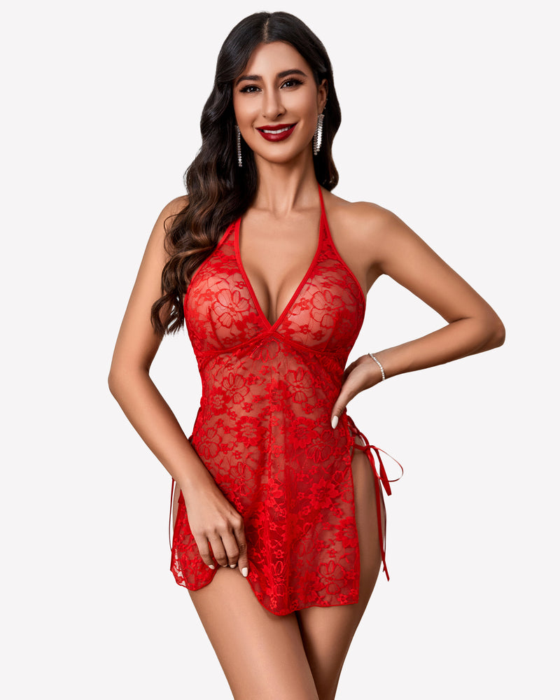 Red lace babydoll nightdress with deep V halter and side tie details, short hem