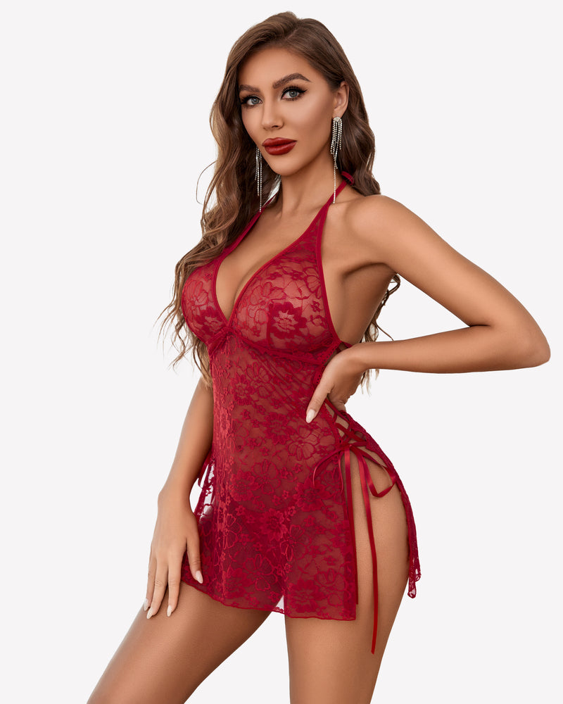 Red lace babydoll nightdress with halter neckline and side slit ribbon ties, short length