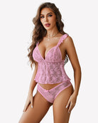 Pink lace cami top and matching panty set with V-neck, matching lace briefs