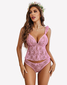 Pink lace cami top and matching panty set, V-neck with bow accent