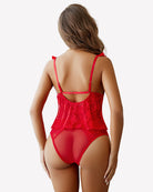 Red lace cami bra and panty set with crisscross back straps, back view