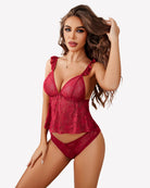 Red lace cami bra and panty set with sheer panel and ruffled shoulders