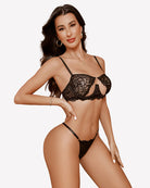Black lace push-up half cup bra set with matching lace thong underwear