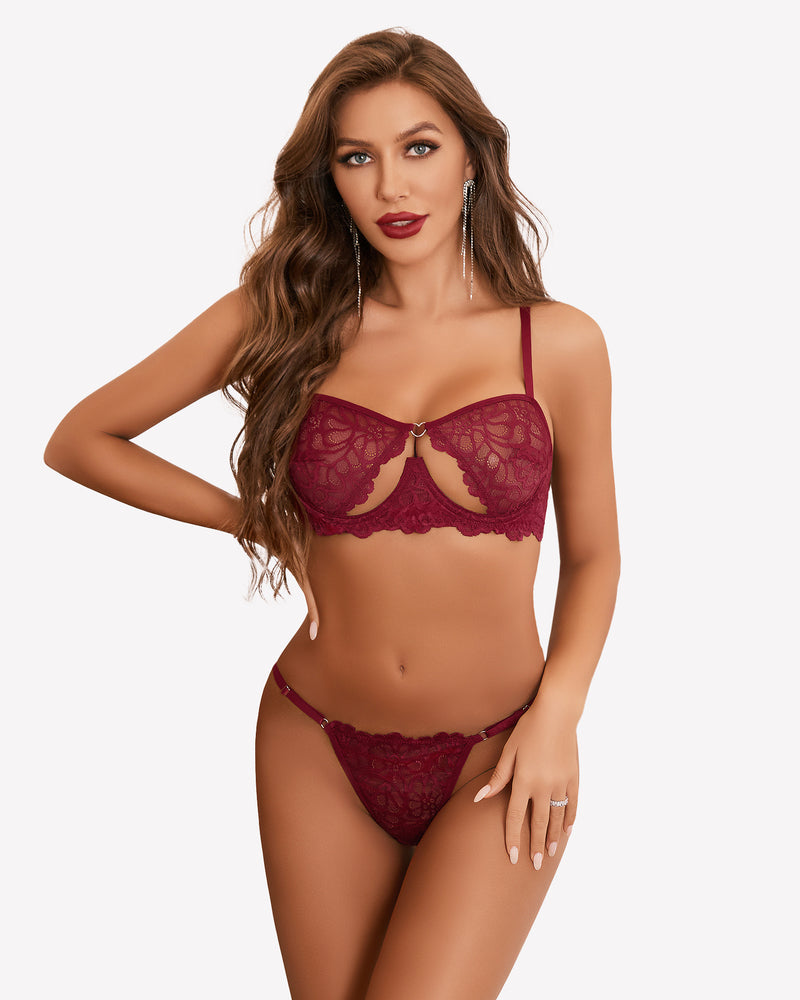Burgundy lace push-up half cup bra and matching thong set, front view