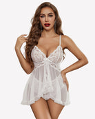 White lace babydoll lingerie dress with sheer tulle skirt and lace cups