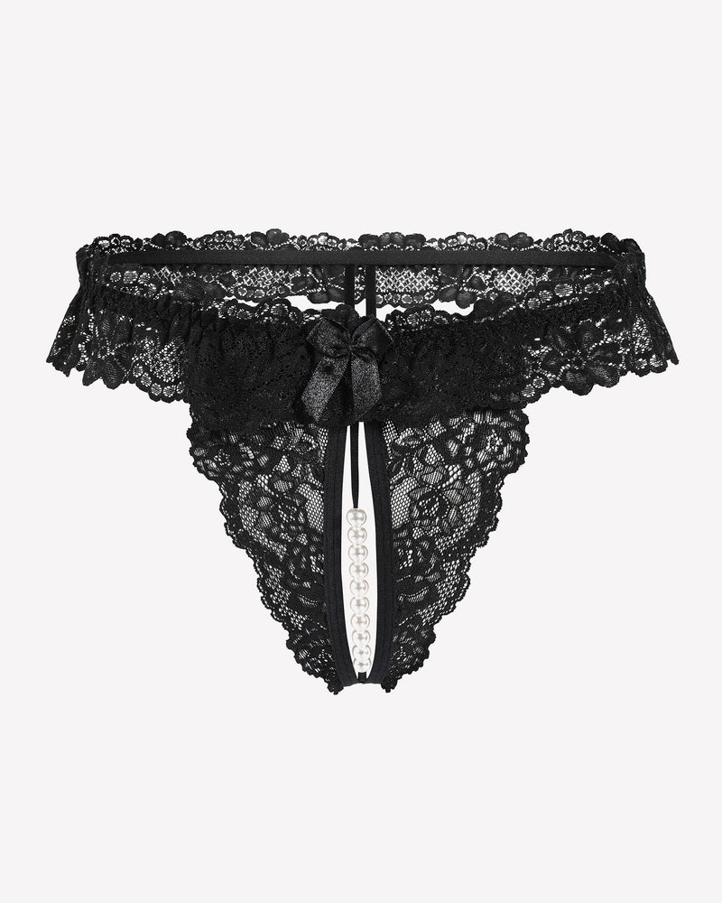 Black lace low-rise thong with ruffled waistband and pearl centerpiece at front