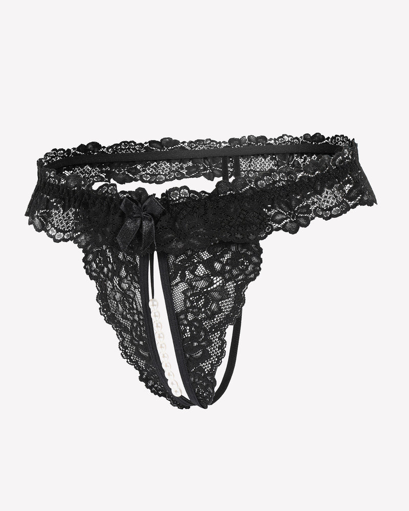 Black lace low-rise thong, front view, ruffled band with bow and pearl detail