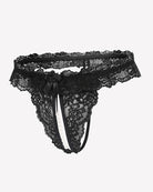 Black lace low-rise thong, front view, ruffled band with bow and pearl detail