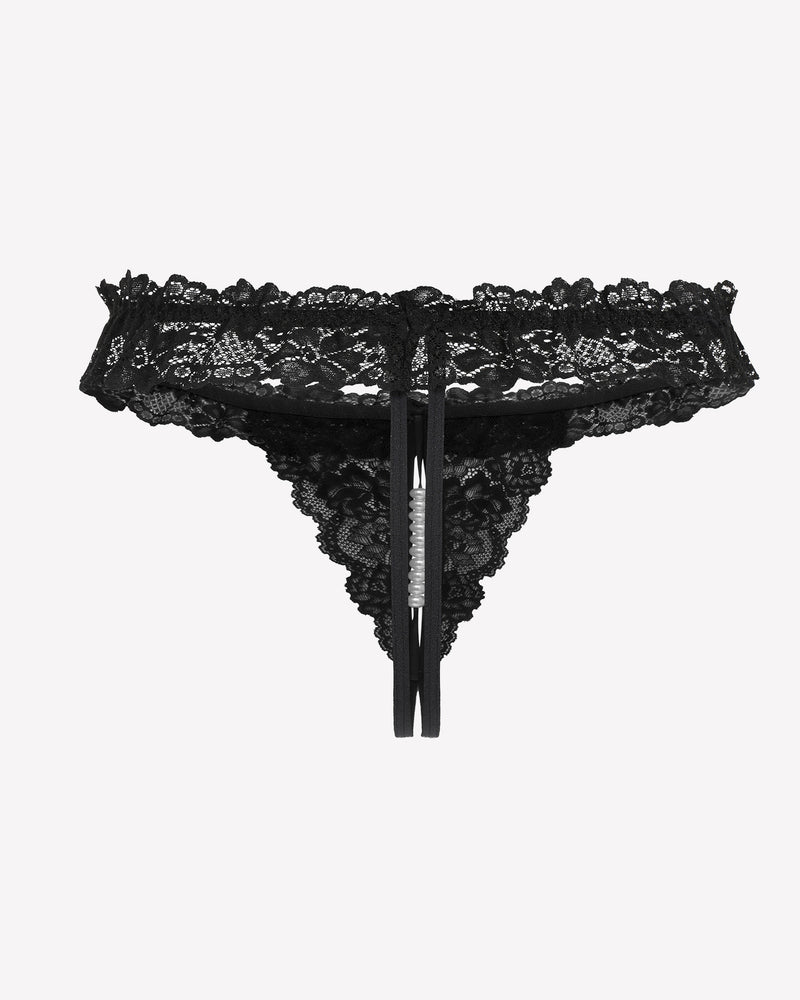 Black lace low-rise thong with ruffled waistband and vertical bow with pearl trim