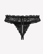 Black lace low-rise thong with ruffled waistband and vertical bow with pearl trim