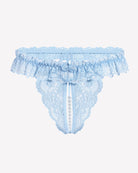 Light blue lace low-rise thong with ruffled trim and pearl centerpiece detail