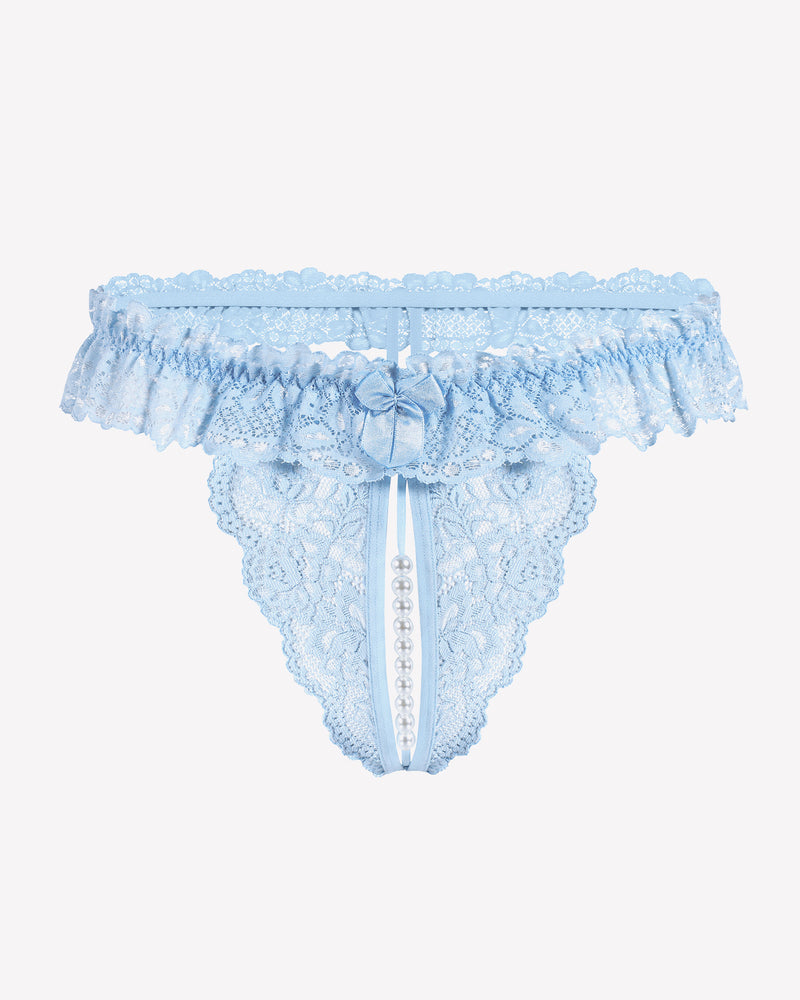 Light blue lace low-rise thong with ruffled trim and pearl centerpiece detail