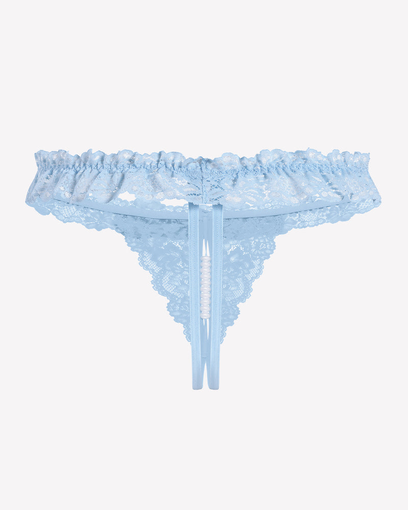 Light blue lace low-rise thong, back view, ruffled waistband and pearl accents