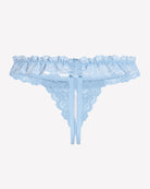 Light blue lace low-rise thong, back view, ruffled waistband and pearl accents