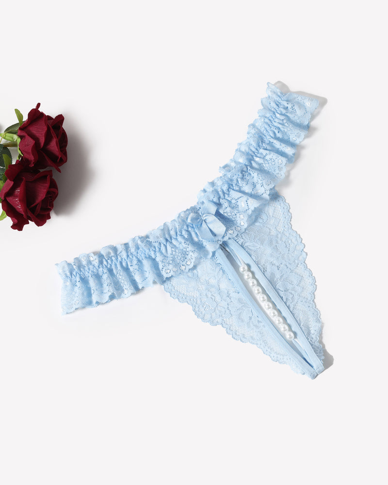 Light blue lace low-rise thong with ruffled trim, bow, and pearl centerpiece
