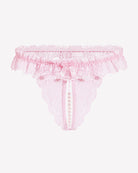 Low waist lace thong in pale pink with bow detail and pearl bead drop at center.
