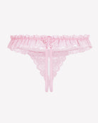 Pale pink lace low waist thong with bow trim and hanging pearl bead detail at front.