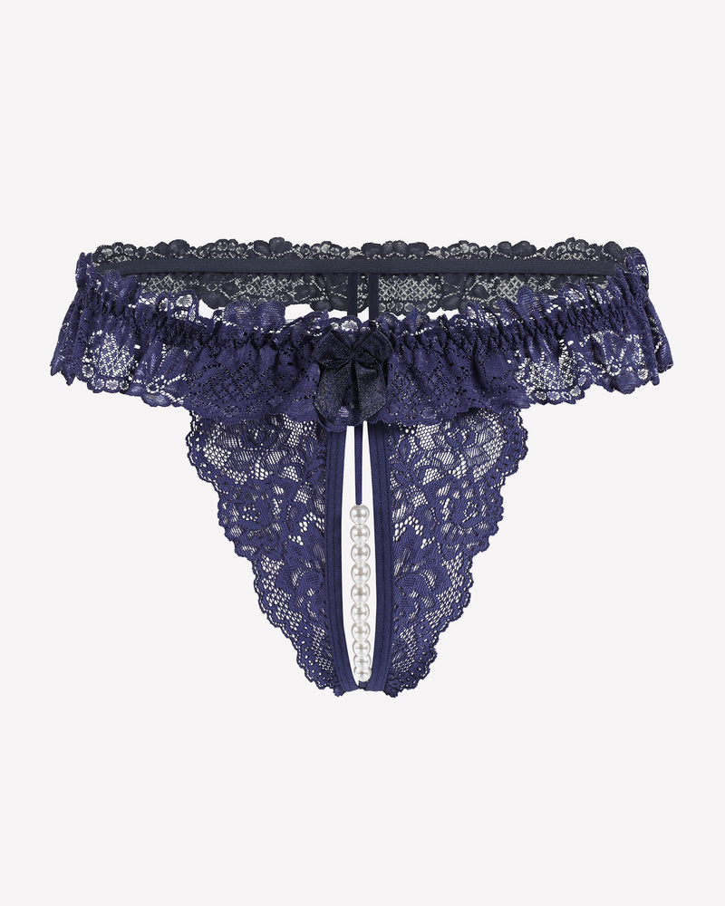 Low waist lace thong in navy with bow trim and pearl bead drop at center.