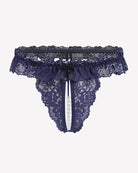 Low waist lace thong in navy with bow trim and pearl bead drop at center.