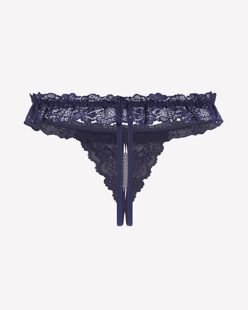 Navy lace low waist thong with scalloped edges and pearl bead drop at center.
