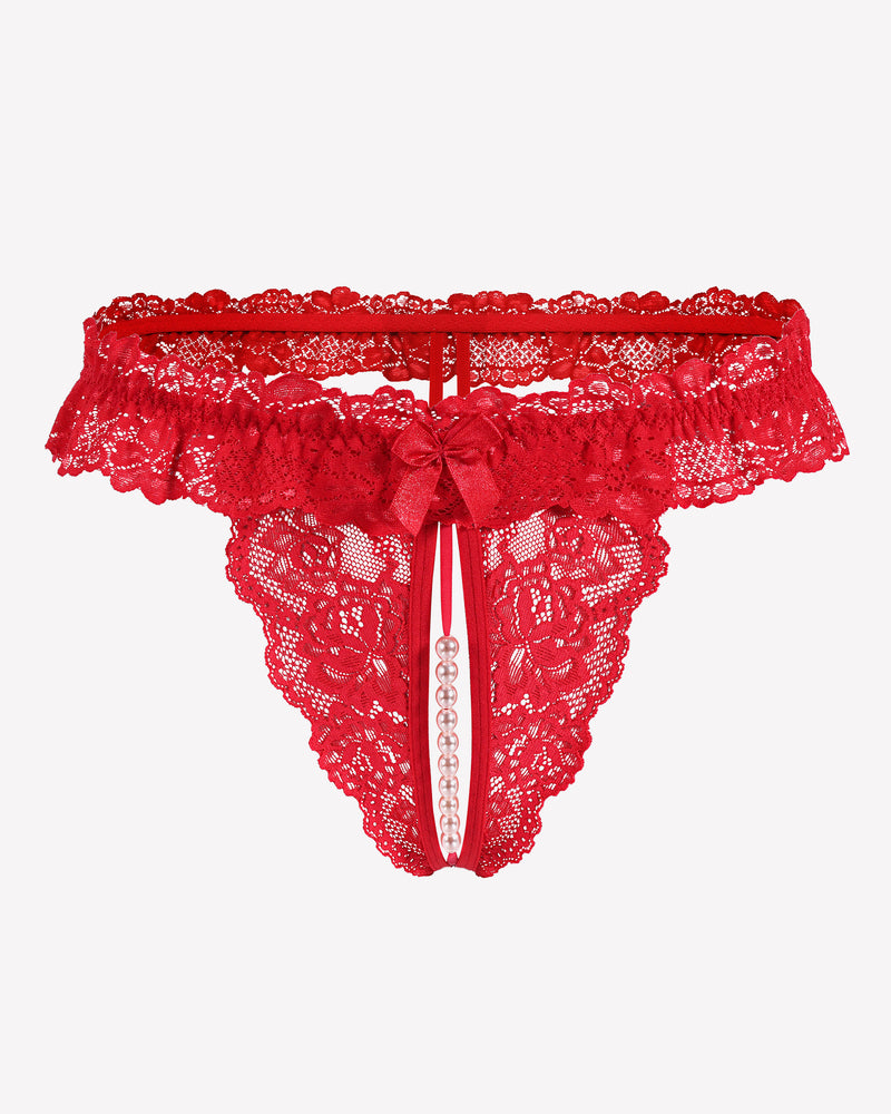 Low waist lace thong in red with bow detail and hanging pearl bead drop at center.
