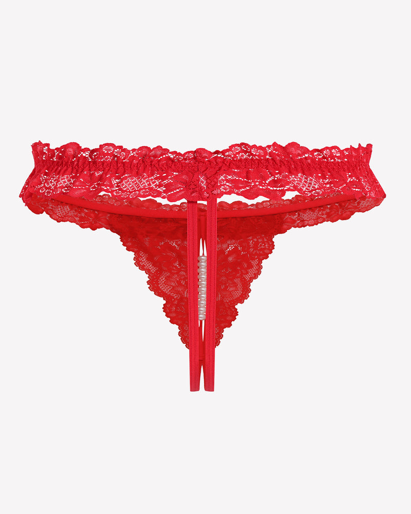 Red lace low waist thong with scalloped edges and pearl bead drop at front.